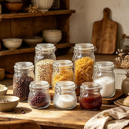 ComSaf 34oz Ribbed Glass Jars with Airtight Latch Lids - Set of 3 Farmhouse Vintage Canisters for Coffee, Sourdough Starter, Dry Goods & Fermenting, Pantry Organization & Kitchen Decor