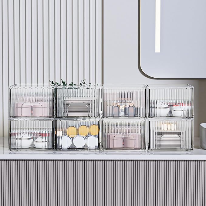 ZHIAI 8 Pack Clear Stackable Storage Drawer, Acrylic Drawer, Cosmetic Organizer, Plastic Organizer for Dresser, Under, Kitchen Cabinet, Pantry, Home Organization and Storage