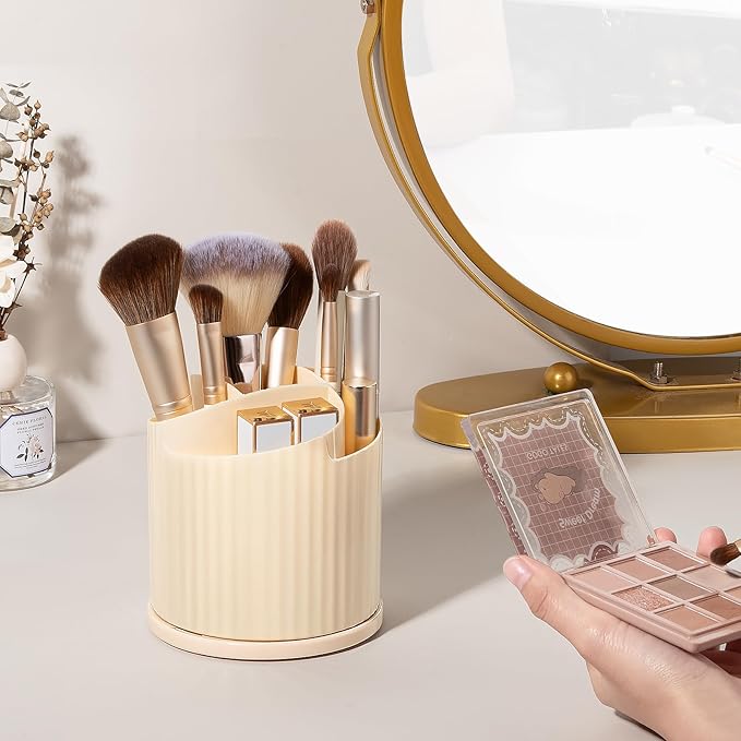 Anyoifax 360 Rotating Makeup Brush Holder Organizer 5 Slots Make Up Brushes Cup Flower-Shaped Spinning Pen Holder for Vanity, Cosmetics, Lipsticks, Beige