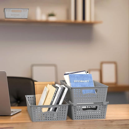 Simple Houseware Stackable Plastic Woven Basket Organizer, 6 Pack, 14.5" x 8.5" x 3.5", Gray