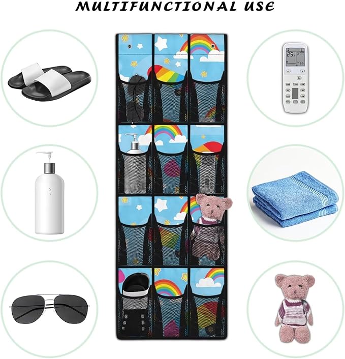 Large Capacity 12-Pocket Behind The Door Hanging Organizer, Oxford Fabric Waterproof Foldable Storage Bag for Bathroom Bedroom Pantry, Rainbow