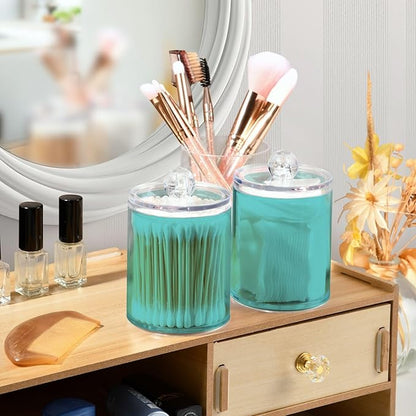 2 Pack Qtip Holder Dispenser Apothecary Jars with Lids Plastic Acrylic Bathroom Vanity Countertop Canister Storage Organizer for Cotton Ball,Swabs,Pads,Floss, Pale Turquoise