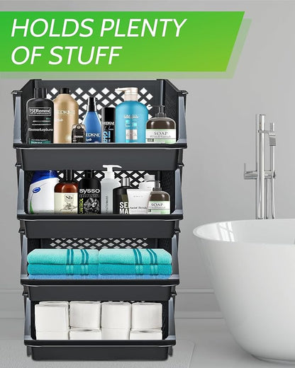 TidyFriend 4 Pk Large Stackable Storage Bins Open Front for Pantry Organizers and Storage, Pantry Storage for Food, Kitchen and Home Organization, Plastic Storage Bins, Dorm Room Essentials (Black)