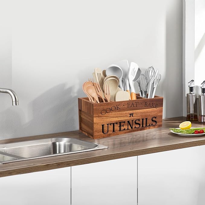 Suli Extra Large Kitchen Utensils Holder with 4 Compartments (Acacia Brown)
