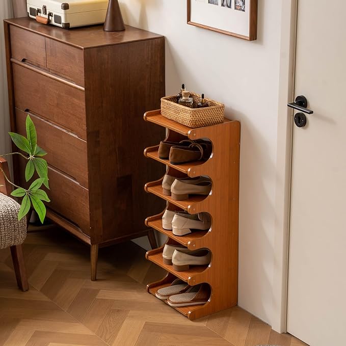 Vertical Narrow Shoe Rack, Corner Shoe Rack for Entryway, 6 Tier Wooden Free Standing Multi Layer Shoe Storage Rack for Entryway, Corridors, Bedrooms Living Room Corner And Small Spaces(6 Tier)