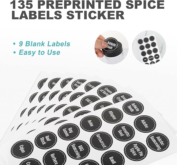 Tianifa Black Countertop Rotating Spice Rack, Round Empty 20-Jars Revolving Spice Rack Organizer, 135 Spice Labels with Funnel Complete Set, for Kitchen Countertop, Cabinet