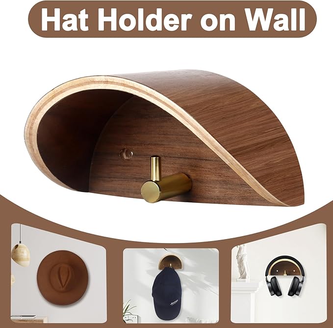 2-Pack Cowboy Hat Rack for Wall, Walnut Wood Cowboy Hat Holder & Hat Hooks for Wall, Non-Damaging Shape-Preserving Design for Wide Brim Hats, Compatible with Various Wall Surfaces