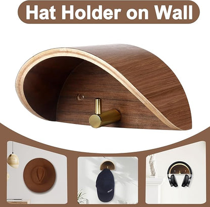 2-Pack Cowboy Hat Rack for Wall, Walnut Wood Cowboy Hat Holder & Hat Hooks for Wall, Non-Damaging Shape-Preserving Design for Wide Brim Hats, Compatible with Various Wall Surfaces
