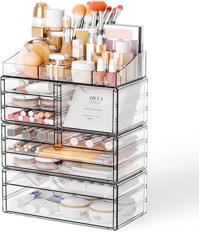 Yieach Acrylic Make up Organizers for Counter,Desk and Vanity,4 Pack Stackable Bathroom Counter Organizer with Drawers,Large Clear Makeup Organizers and Storage for Skincare,Cosmetic,Beauty Products