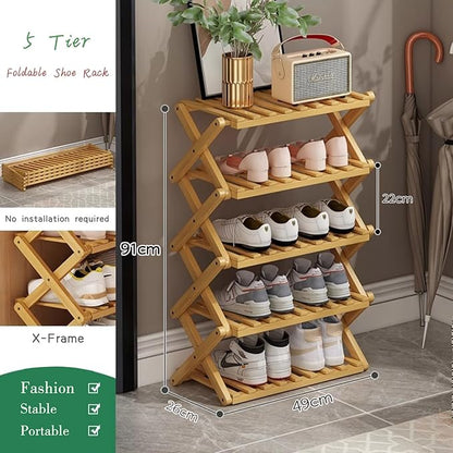 5 Tier Bamboo Shoe Rack,Portable Folding Shoe Storage Rack,Without Installation Small Shoe Rack Perfect for Corridors, Bedrooms and Small Spaces (5 Tier)