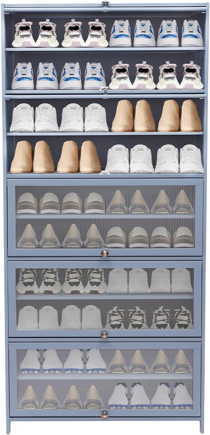 10 Tiers Shoe Storage Cabinet,Free Standing Shoe Rack with Transparent Cabinet Door,Hall Organizers & Storage Rack with Adjustable Shelf for Entryway Living Room.,31.5 * 12.6 in (Grayish Blue)