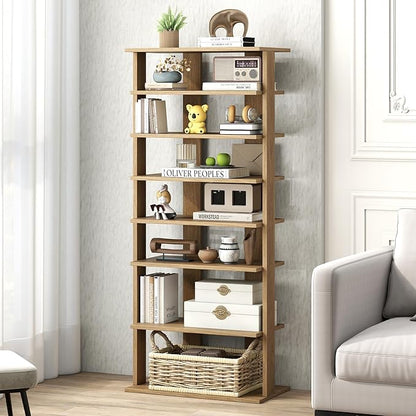GOFLAME 7-Tier Tall Shoe Rack, Patented Freestanding Shoe Shelf Storage Organizer for 14 Pairs of Shoes, Space-Saving Vertical Shoe Stand for Entryway, Closet, Living Room, Natural