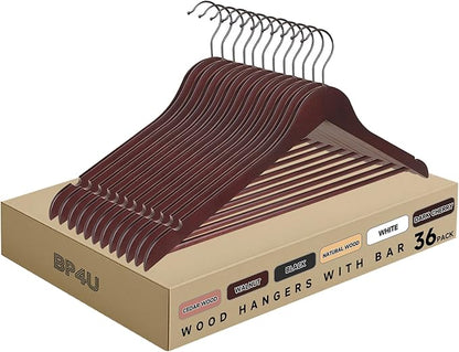 Quality Wooden Clothes Hangers, Solid Wood Suit & Coat Hangers with Pants Bars, Swivel Hook, Shoulder Notches, Heavy Duty Hangers for Shirts, Jackets, Dresses & Trousers(Mahogany/36-Pack)
