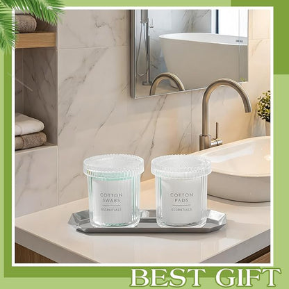 2 Pcs Crystal Glass Candy Jars Set with Lids and Stainless Steel Vanity Tray, Q tip Holder, Apothecary Jars, Glass Bathroom Accessories Organizer, Esthetic Modern Bathroom Decor(Clear)