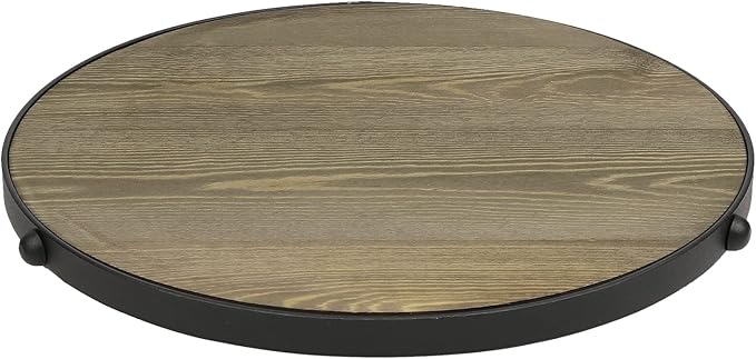 MyGift 15 Inch Lazy Susan Turntable Tray with Round Rustic Burnt Solid Wood Board and Black Metal Accent, Rotating Spice Rack Kitchen Countertop Organizer Home Decor