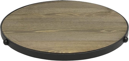 MyGift 15 Inch Lazy Susan Turntable Tray with Round Rustic Burnt Solid Wood Board and Black Metal Accent, Rotating Spice Rack Kitchen Countertop Organizer Home Decor