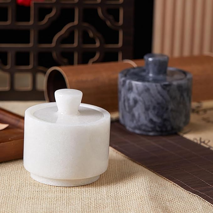 Marble Salt Cellar with Lid & Spoon White, 3-Inch Salt Jar, Kitchen Container for Spice, Marble Storage Box, Spice Jar for Counter, Easy Refill Cleaning