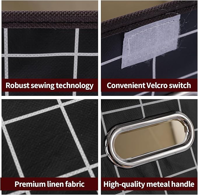 STOREONE Fabric Storage Cube Bins Foldable Organizer Container Collapsible Basket with Lids and Metal Handles, for Home, Bedroom, Closet 6 Pcs (Black grid)