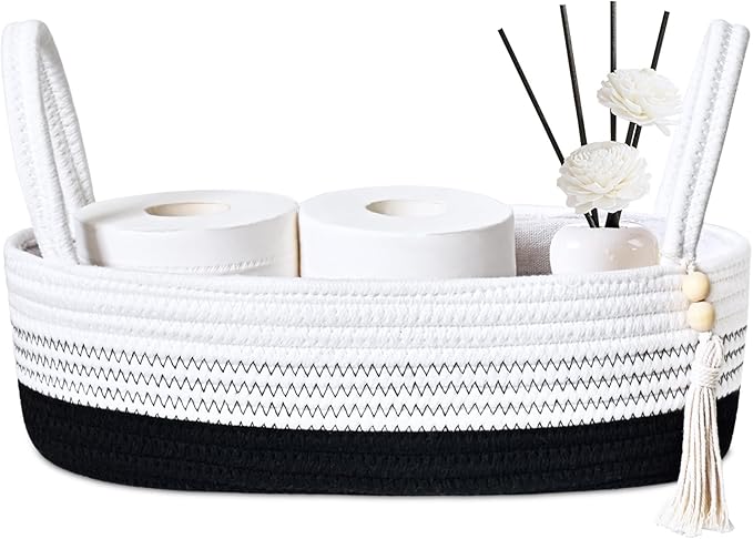 ABenkle Small Storage Basket for Toilet Tank Top - Jute Rope Woven Organizer with Handle, Boho Countertop Bathroom Decor, Toilet Paper Holder, 13x6x4 Inch