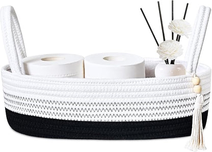 ABenkle Small Storage Basket for Toilet Tank Top - Jute Rope Woven Organizer with Handle, Boho Countertop Bathroom Decor, Toilet Paper Holder, 13x6x4 Inch
