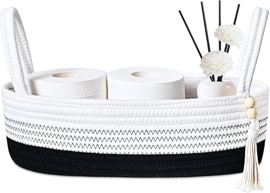 ABenkle Small Storage Basket for Toilet Tank Top - Jute Rope Woven Organizer with Handle, Boho Countertop Bathroom Decor, Toilet Paper Holder, 13x6x4 Inch