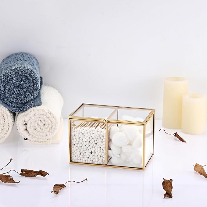 Hipiwe 2 Slots Glass Qtip Holder Gold Q-tip Storage Box with Lid Bathroom Accessories Container for Cotton Balls Cotton Swab Holder Rectangular Vanity Countertop Organizer