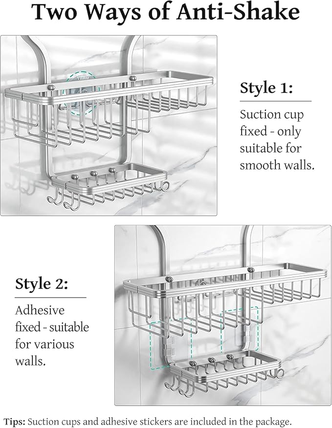 YASONIC Never-Rust Aluminum Hanging Shower Caddy – Over-the-Showerhead Organizer with 10 Hooks for Razor and Sponge – Includes Soap Basket – Silver