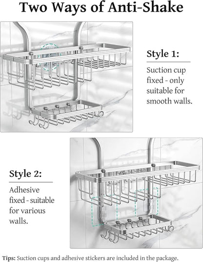 YASONIC Never-Rust Aluminum Hanging Shower Caddy – Over-the-Showerhead Organizer with 10 Hooks for Razor and Sponge – Includes Soap Basket – Silver