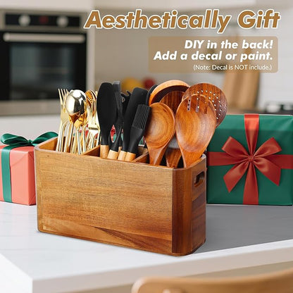 Kitchen Utensil Holder for Counter or Countertop, Extra Large Acacia Wood Organizer with 3 Compartments, Wooden Storage for Cooking and Silverware, Rustic Minimalist Decor, Sturdy Utensil Crock