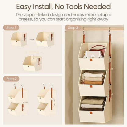 Homsorout Collapsible Hanging Closet Organizer - 3 Tier Closet Shelves Storage System with Hooks, Fabric Hanging Storage Bins for Clothes, Foldable Storage Basket for Laundry, Bedroom, Rv, Beige
