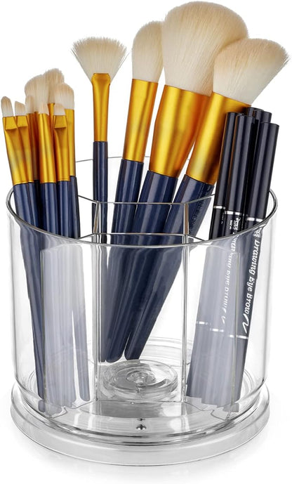 Makeup Brush Holder Organizer -Rotating 360° Clear Storage Cup Containers for Vanity, Desk, Countertop, Spinning Pen Holder for Desk, Round Make up Brush Stand with 5 Slots, for Cosmestics (Clear)