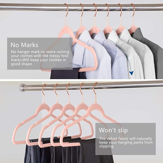 Premium Velvet Hangers Blush Pink- Rose Gold Swivel Hooks -Non Slip Sturdy Suit Hangers- Felt Hangers-Space Saving Clothes Hangers 50 Pack for Skirts Coats(Blush Pink/Rose, 50 Pack)