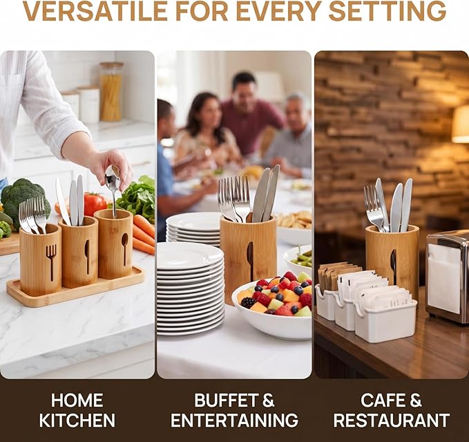 Lyellfe Silverware Holder, Bamboo Utensil Organizer with Tray, Kitchen Cutlery Flatware Holder Organizer for Spoons, Knives and Forks, Ideal for Kitchen and Restaurant