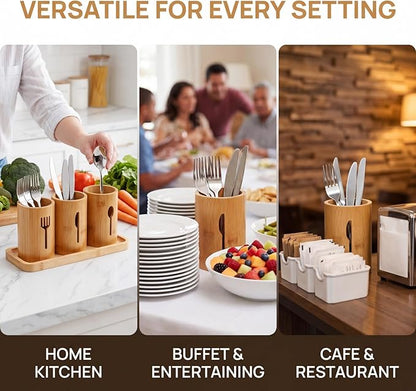 Lyellfe Silverware Holder, Bamboo Utensil Organizer with Tray, Kitchen Cutlery Flatware Holder Organizer for Spoons, Knives and Forks, Ideal for Kitchen and Restaurant
