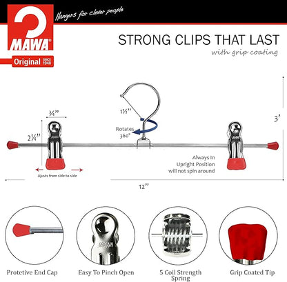 Mawa by Reston Lloyd Non-Slip Space-Saving Clothes Hanger For Pants & Skirts with Two Non-Slip Clips, Style K/30D, 12-Inch, Set of 10, Red