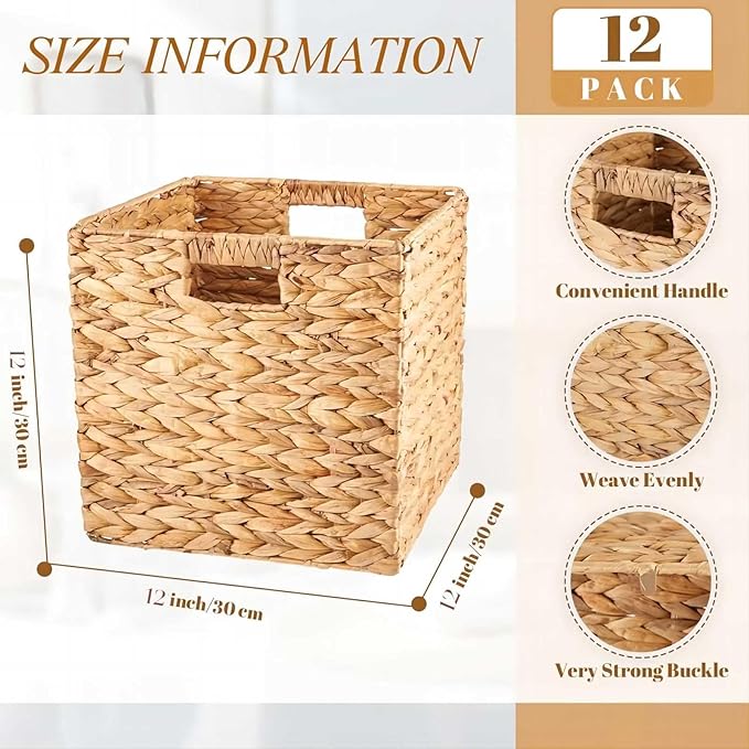 Jinei 12 Pcs Wicker Storage Basket Bulk 12 x 12 x 12 Inch Handwoven Water Hyacinth Cube Bin with Handles Woven Laundry for Organizer Shelves Wood Color