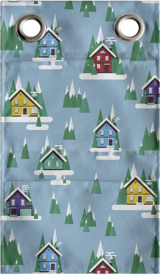 Ambesonne House Hanging Pocket Organizer, Rectangular Trilateral Homes Windows Door Knobs Snow on Pointy Trees Christmas Time, Printed Polyester Storage Bag with Pockets, 9" x 16", Multicolor