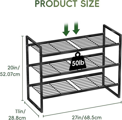 3 Tier Shoe Rack 27" Wide, Metal Frame Shoe Organizer for Front Door Entrance, Stackable Shoes Storage Shelf for Entryway, Closet, Black