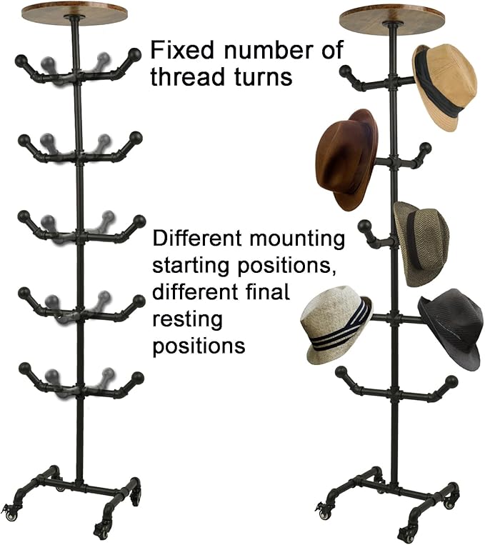 uyoyous Industrial Standing Hat Rack, Heavy Duty Metal Pipe Hat Display Stand with Wheels, Freestanding Rolling Hat Organizer Tree for Cowboy Hats & Caps, 10 Hanger Hooks for Bedroom Entryway