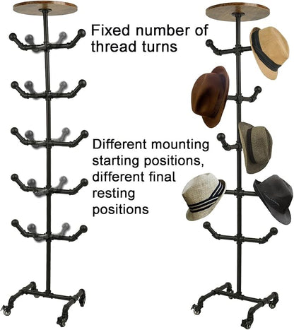 uyoyous Industrial Standing Hat Rack, Heavy Duty Metal Pipe Hat Display Stand with Wheels, Freestanding Rolling Hat Organizer Tree for Cowboy Hats & Caps, 10 Hanger Hooks for Bedroom Entryway