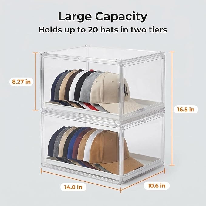 2 Pack Clear Hat Organizer Box, Stackable Cap Storage Display Case with Magnetic Door & Sliding Drawer Tray, Dustproof Hat Container Holds 10 Hats per Box (Clear, 2 Pack)
