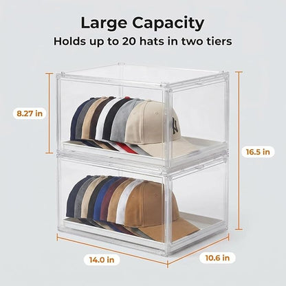 2 Pack Clear Hat Organizer Box, Stackable Cap Storage Display Case with Magnetic Door & Sliding Drawer Tray, Dustproof Hat Container Holds 10 Hats per Box (Clear, 2 Pack)