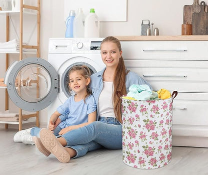 Roses Pink Laundry Basket Baby Girls Laundry Hamper Kids Toy Storage Bins Organizer Gift Basket Pink Rose Bedroom Decor Bathroom(Pink Rose)