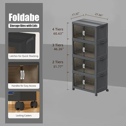 131QT 4 Tier Stackable Storage Bins with Lid & Door, 32 Gal Collapsible Plastic Storage Containers with Locking Wheel, Space Saving Foldable Organizer for Home Bedroom Office Gray 4T