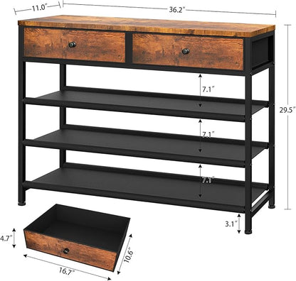 usikey Shoe Rack, 4 Tier Shoe Storage Organizer with 2 Drawers, Metal Shoe Shelf for 12-15 Pairs of Shoes, with 3 Oxford Fabric Shelves and Wooden Top, Shoe Stand for Entryway, Rustic Brown UNYXJX008F