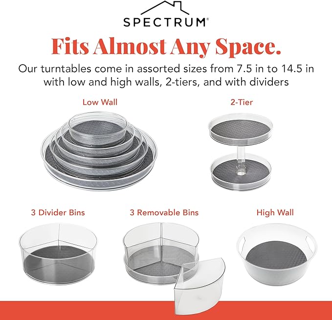 Spectrum Extra Large High Wall Turntable 12.25 in Pack of 2 Charcoal Gray XL Tall Lazy Susan Rotating Organizer for Kitchen Countertop Bath Cabinet Refrigerator Pantry Shelf Under Sink Organization