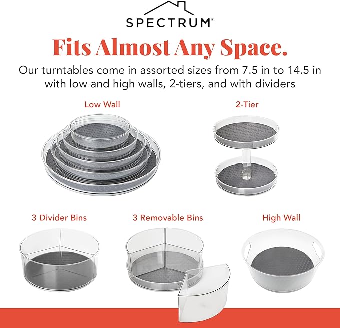 Spectrum Small Lazy Susan Organizer 7in for Cabinets Refrigerator Pantry Table Pack of 2, Rotating Storage Spice Rack Turntable for Sauces Jams or Tiny Jars, Spinning Fridge Organizer, Charcoal Gray
