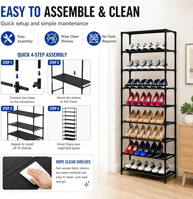 10 Tiers Tall Shoe Rack, 30 Pairs Large Capacity Shoe Organizer, Durable Steel & Non-Woven, Portable with Handle, Easy to Assemble for Closet, Bedroom, Dorm, 24.5 x 12 x 60''