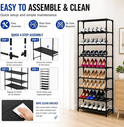 10 Tiers Tall Shoe Rack, 30 Pairs Large Capacity Shoe Organizer, Durable Steel & Non-Woven, Portable with Handle, Easy to Assemble for Closet, Bedroom, Dorm, 24.5 x 12 x 60''