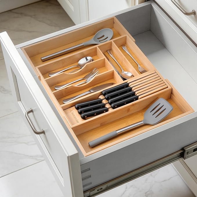 9-Piece Bamboo Kitchen Drawer Organizer Set, Expandable Silverware &Utensil Organizer with Removable Knife Block & Steak Knives, Flatware Organization, Tableware Dividers Storage(Natural)